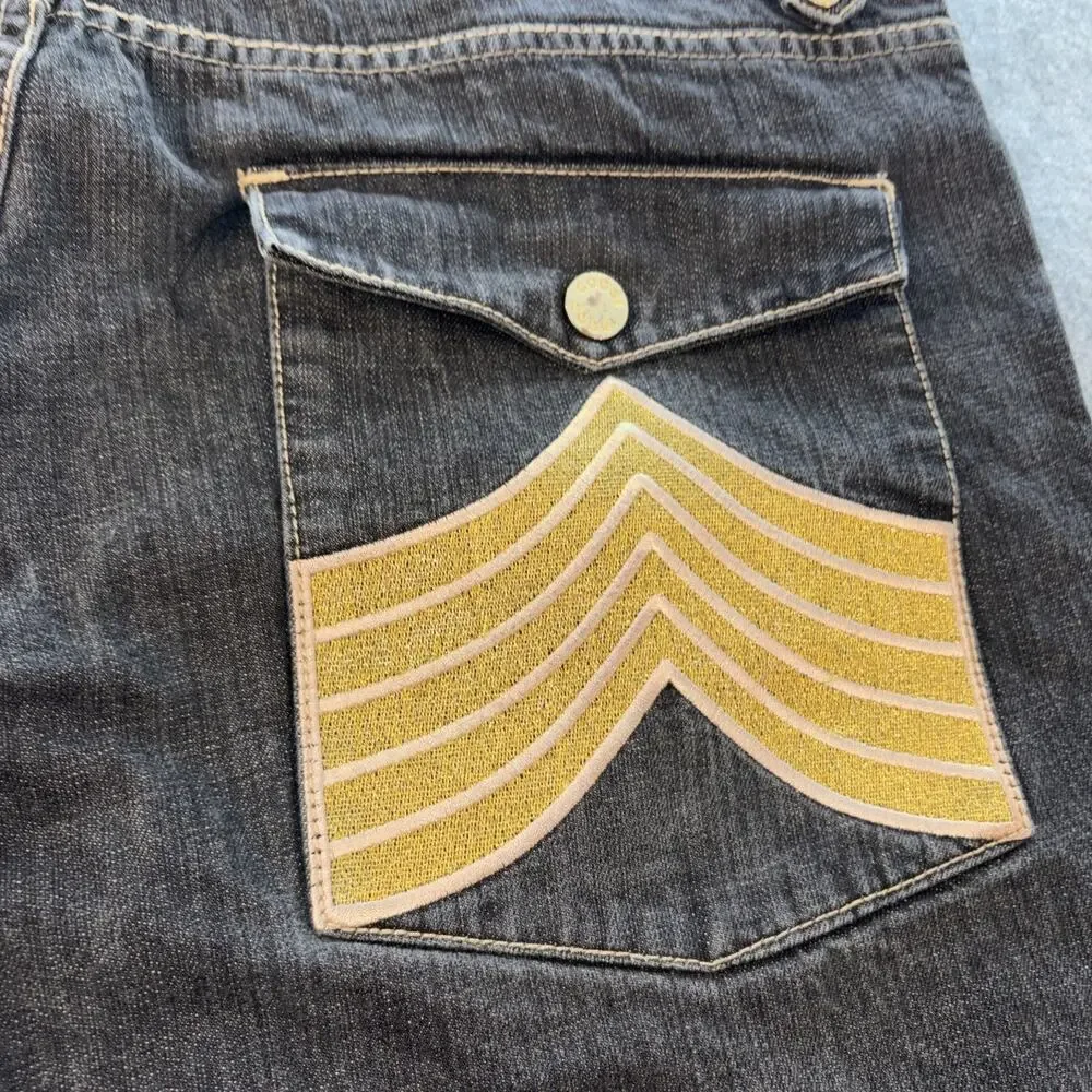 Coogi Jeans Mens 42x35 Black Denim Gold Studded Flap Pockets Patch Embroidered